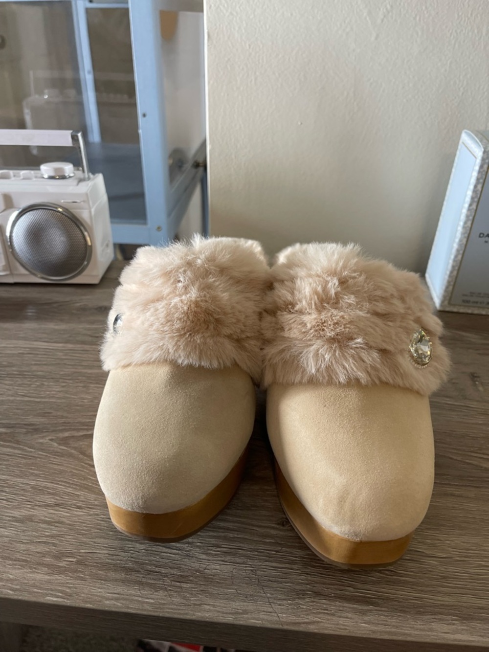 kate spade Blush Faux-Fur Suede Slide Mules with Crystal Accent